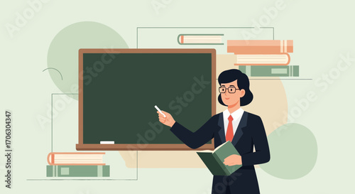 Teacher In Class, Explaining An Idea And Presenting Information Using Chalkboard