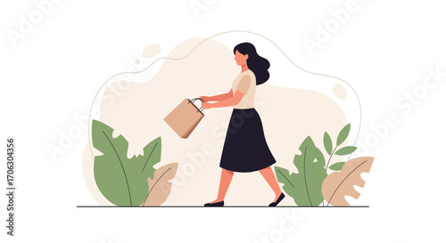 Woman Carrying Shopping Bag With Plants, Flat Modern Style, Illustration
