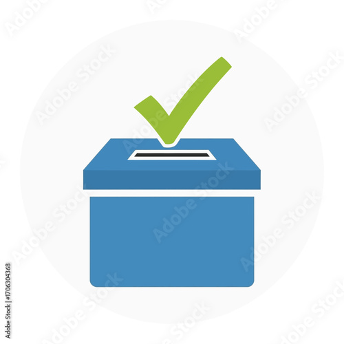 Blue ballot box with green checkmark inside a white circle.