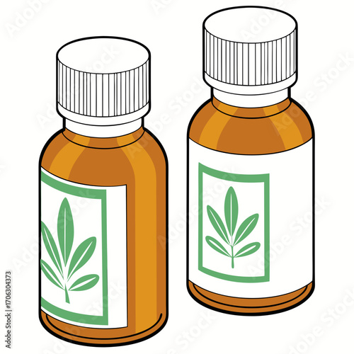 Two amber glass bottles with green leaf labels, perfect for essential oils, tinctures, or natural remedies.