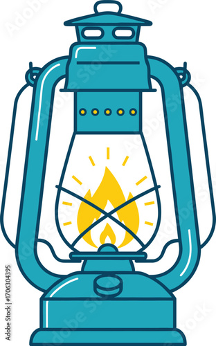 Vintage teal kerosene lantern with glowing yellow flame, stylized vector illustration for camping, emergency light, retro travel design concept