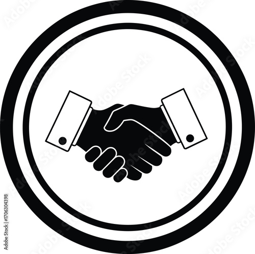 Handshake icon in black and white circle, stylized vector illustration for partnership, agreement, trust, business deal, cooperation concept design
