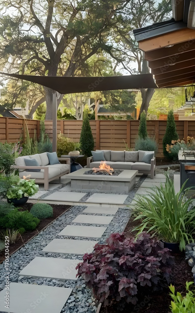 Fototapeta premium Cozy Outdoor Living Room with Fire Pit and Modern Furniture