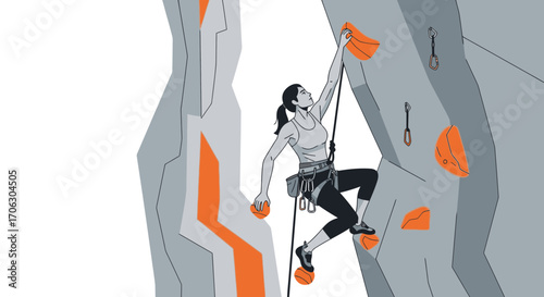Woman Climbing Cliffside With Rope And Harness Reaching For Orange Climbing Holds
