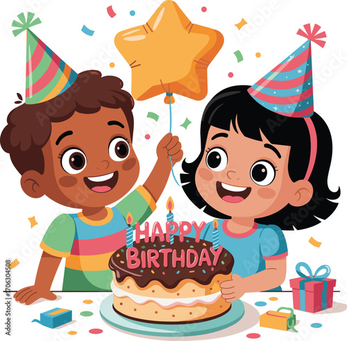 Happy cartoon kids celebrating birthday with colorful party hats, chocolate cake with candles, star balloon, gift boxes, smiling children, festive confetti fun