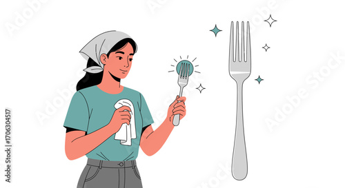 Woman Cleans Utensil with a Freshness-Like Flair, Bright and Shining Illustration