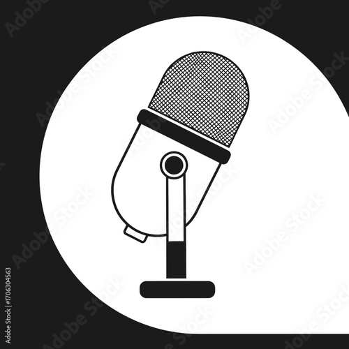 Vintage microphone icon in a white circle on a dark background.