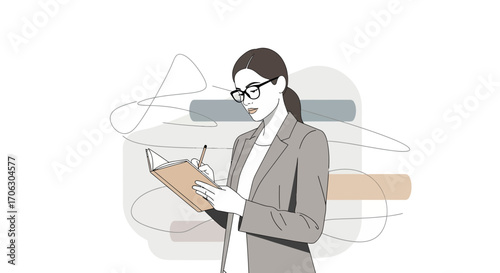 Woman Concentrating On Writing In Notebook With Trendy Modern Lines and Visuals
