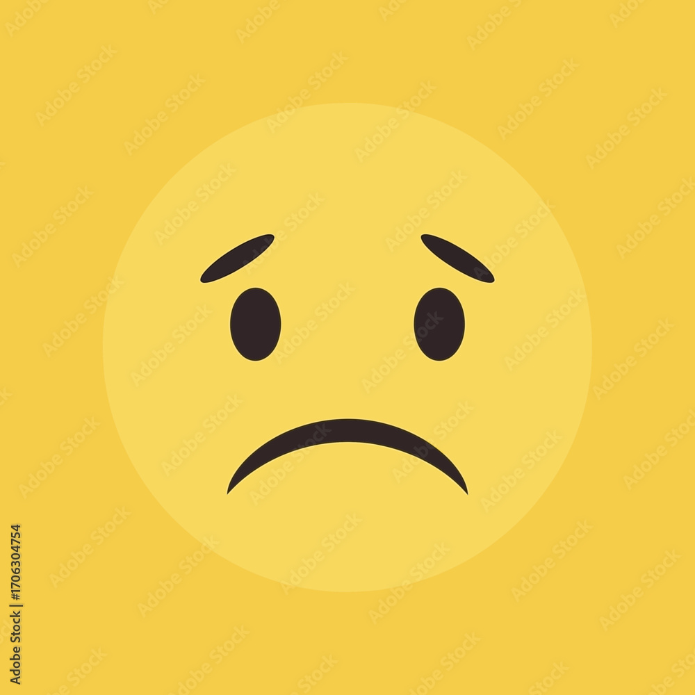 Fototapeta premium Yellow circle with sad face emoji on yellow background.