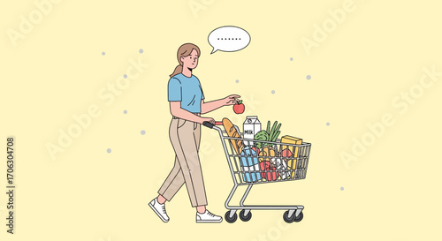 Woman Contemplating Shopping Checklist While Pushing A Full Grocery Cart In A Store