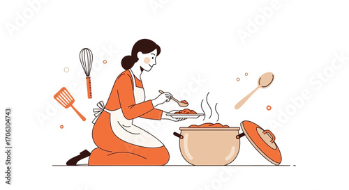 Woman Cooking And Tasting Food In The Kitchen, Preparing Dinner For The Family