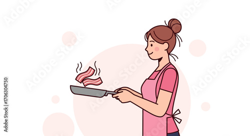 Woman Cooking Bacon in a Pan, Preparing a Delicious Breakfast in the Kitchen