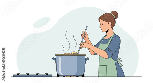 Woman Cooking Delicious Meals in a Pan on a Stove, Food Preparation in Progress
