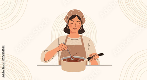 Woman Cooking Delicious Stew: Illustrated Culinary Scene in Minimalist Style