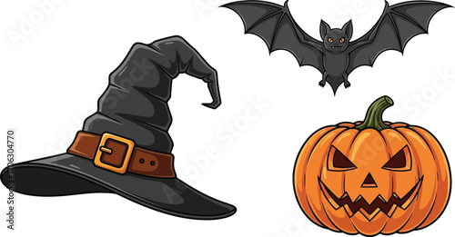Halloween themed cartoon illustration with a pumpkin bat and a witch's hat