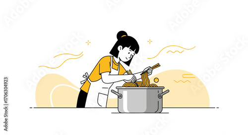Woman Cooking Noodles In Pot, A Simple Illustration About Recipes And Food