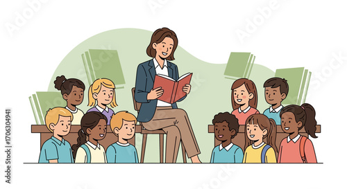 Teacher Is Reading A Story To A Group Of Elementary School Children In A Classroom Setting