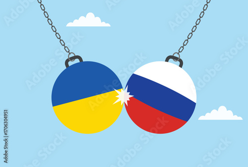 Vector illustration of two dumbbells colliding, one with the Russian flag and the other with the Ukrainian flag, symbolizing conflict and tension