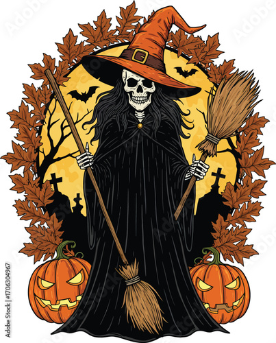 Grim reaper witch skeleton holding broom isolated on white background