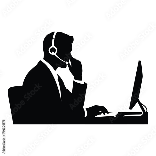Silhouette of call center agent wearing headset working on computer silhouette