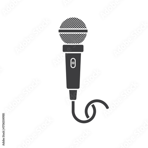 A gray microphone with a black cord on a white background.