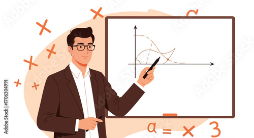 Teacher Presenting Data Analysis On Whiteboard Showing Chart and Mathematical Formulas