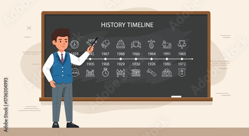 Teacher Presenting History Timeline On Blackboard With Important Historical Events