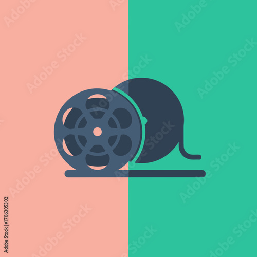 Film reel on a split background of pink and green.