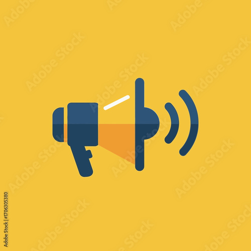 Megaphone icon on a yellow background with sound waves.