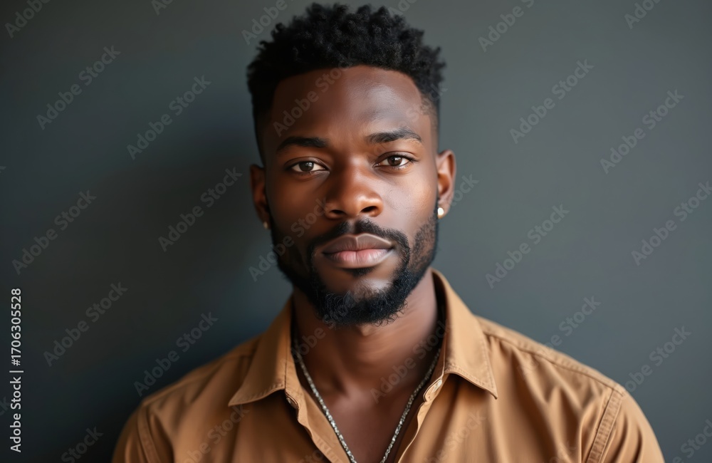 Fototapeta premium Young Black man with textured short hair and goatee wears brown shirt, gazes calmly at camera. Dark skin, confident expression, studio shot. His look conveys seriousness and style.