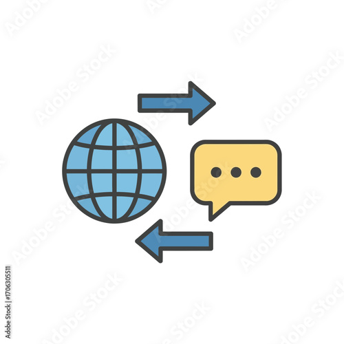 Globe and speech bubble with arrows showing communication.