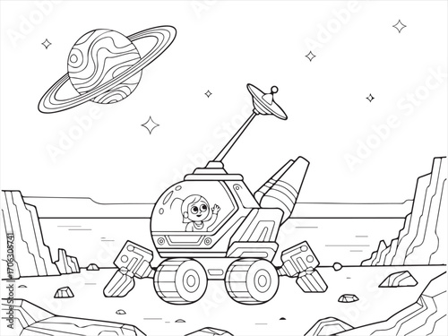 Space mission astronaut cartoon in rover with cosmic planet background illustration