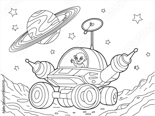 Black and white coloring page of astronaut exploring outer space with stars