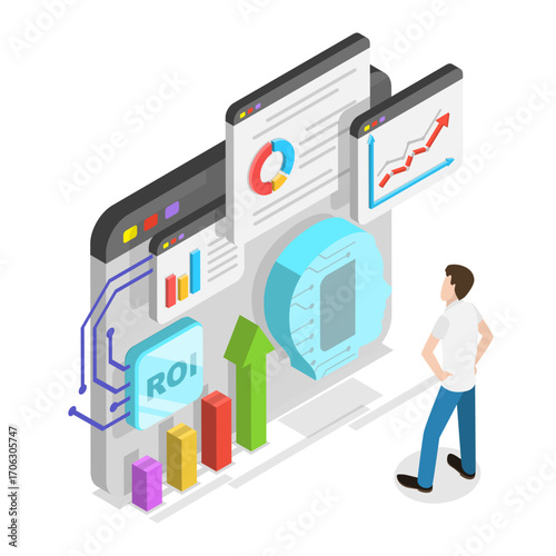 3D Isometric Flat Vector Illustration of Marketing and AI Technologies, Return on the Investment. Item 1