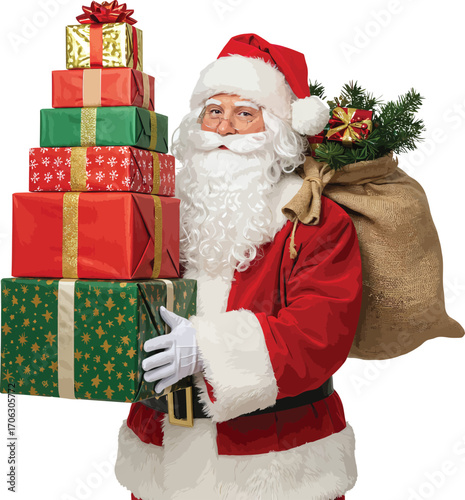 Santa claus carrying a stack of gifts and a sack isolated on white background