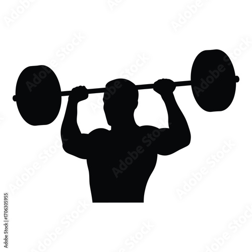 Silhouette of a muscular man lifting a heavy barbell overhead in a gym setting silhouette