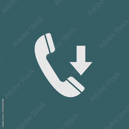 White telephone receiver icon with downward arrow on teal background.
