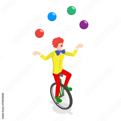 3D Isometric Flat Vector Set of Clowns, Collection of Funny and Colorful Circus Cartoon Characters. Item 4