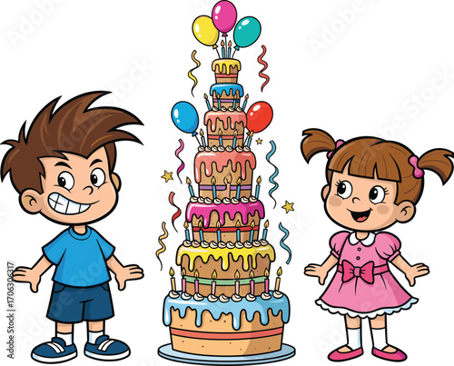 Happy kids celebrating birthday party with giant multi-layered cake, colorful balloons, festive decorations, smiling boy and girl having fun