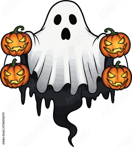 Halloween ghost holding pumpkins isolated on white background