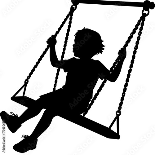 Silhouette of a child on a swing in motion swinging playground