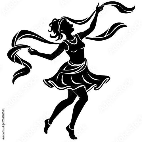 Silhouette of a woman dancing with a flowing scarf on a white background female graceful