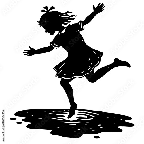 Silhouette of a girl jumping in a puddle on a white background child