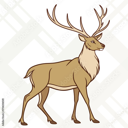 Illustration of a majestic stag with large antlers, standing gracefully on a light patterned background