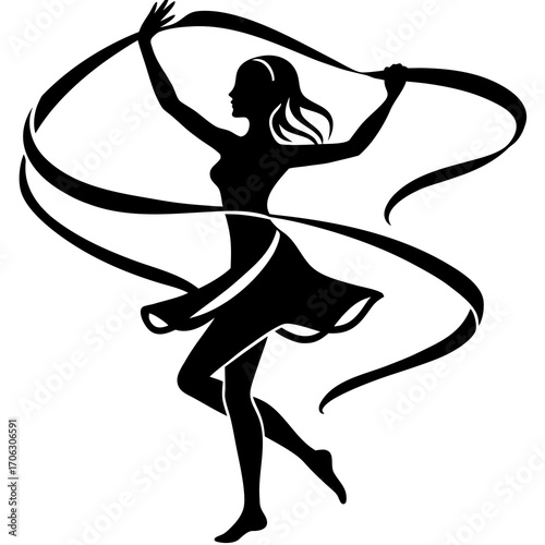 Silhouette of a woman in a dress holding a flowing ribbon on a white background dancing female