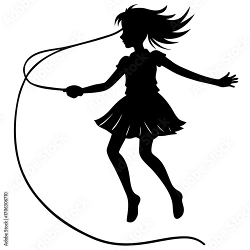 Silhouette of a young girl jumping rope with her hair flowing Keywords: girl, silhouette, jumping, rope, skipping, exercise, activity, childhood, fun, sport, play, movement, energy, dynamic, black