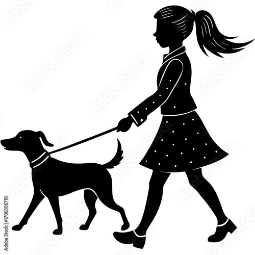Silhouette of a girl walking a dog on a leash Keywords: girl, silhouette, walking, dog, leash, pet, companion, animal, outdoor, activity, friendship, black and white, isolated, white background