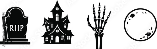 Spooky halloween elements featuring a tombstone haunted house hand and moon