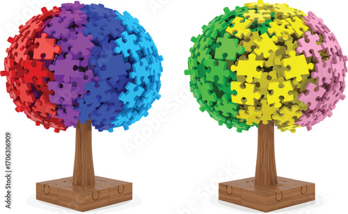 Puzzle canopy trees with colorful interlocking pieces, stylized vector illustration for growth, unity, creativity, problem-solving, abstract nature concept design