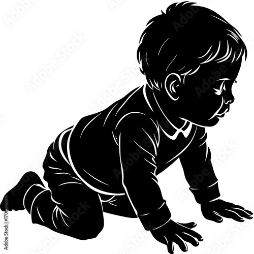 Silhouette of a baby crawling on hands and knees on a white background child on all fours